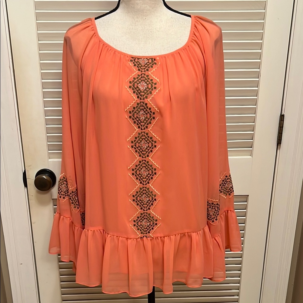 Laurie Felt Embroidered Bell Sleeve Peasant Style Blouse in Orange, NWOT